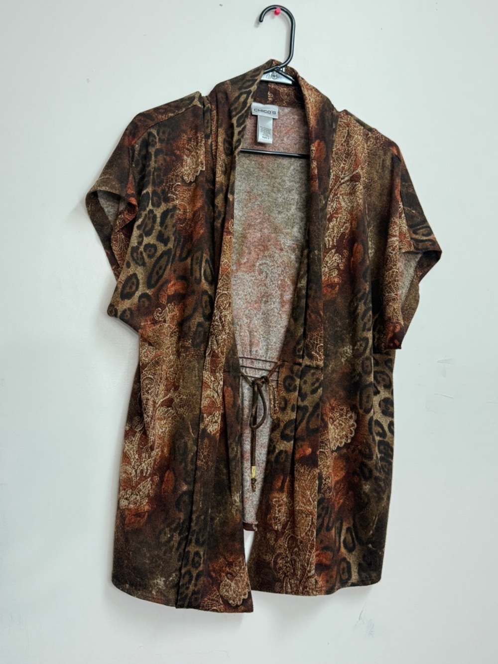 Leopard animal print short sleeve cardigan  Brown Earth Tones Knit Open Cardigan